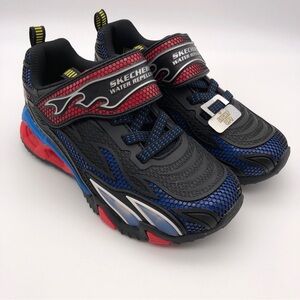 Sketchers Lights Turf Tech Kids  Size 1 Water Repellent Red Black Blue